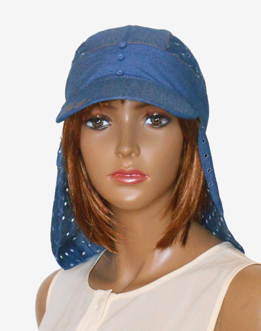 Front view of women's denim bandana with visor