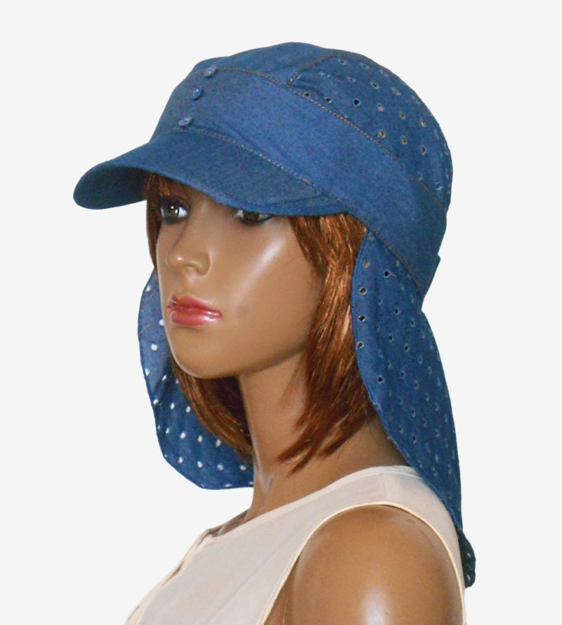 Three-quarter view of woman wearing denim bandana for summer outings