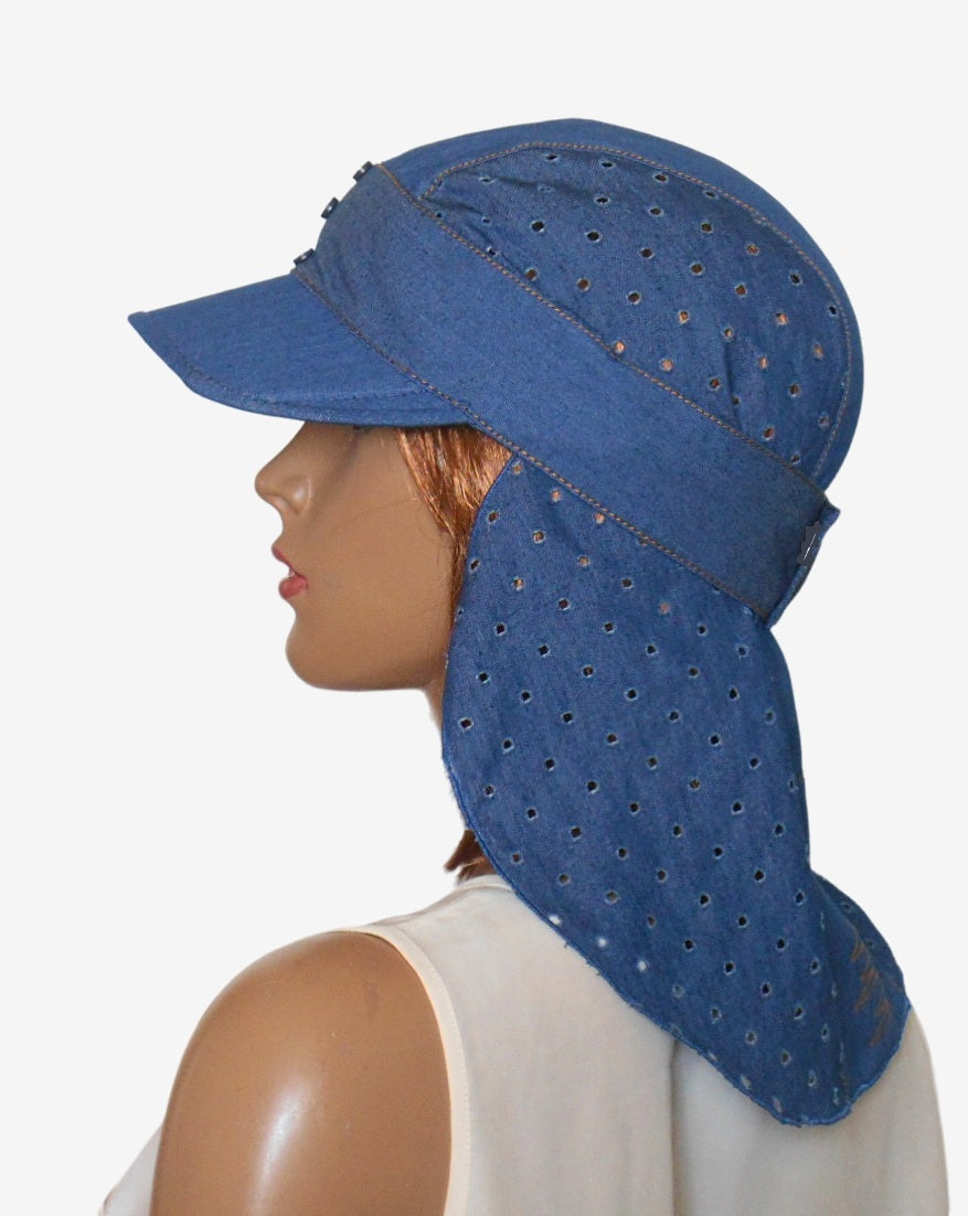 Side view of denim summer bandana showing adjustable fit