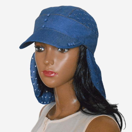 Women's denim bandana with a visor, made of perforated cotton material.