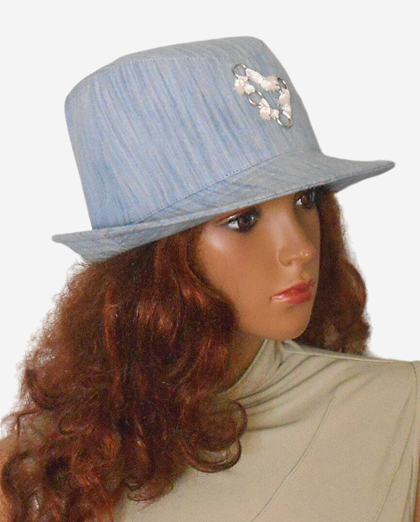 Blue denim trilby hat three quarter view showing crown and brim shape