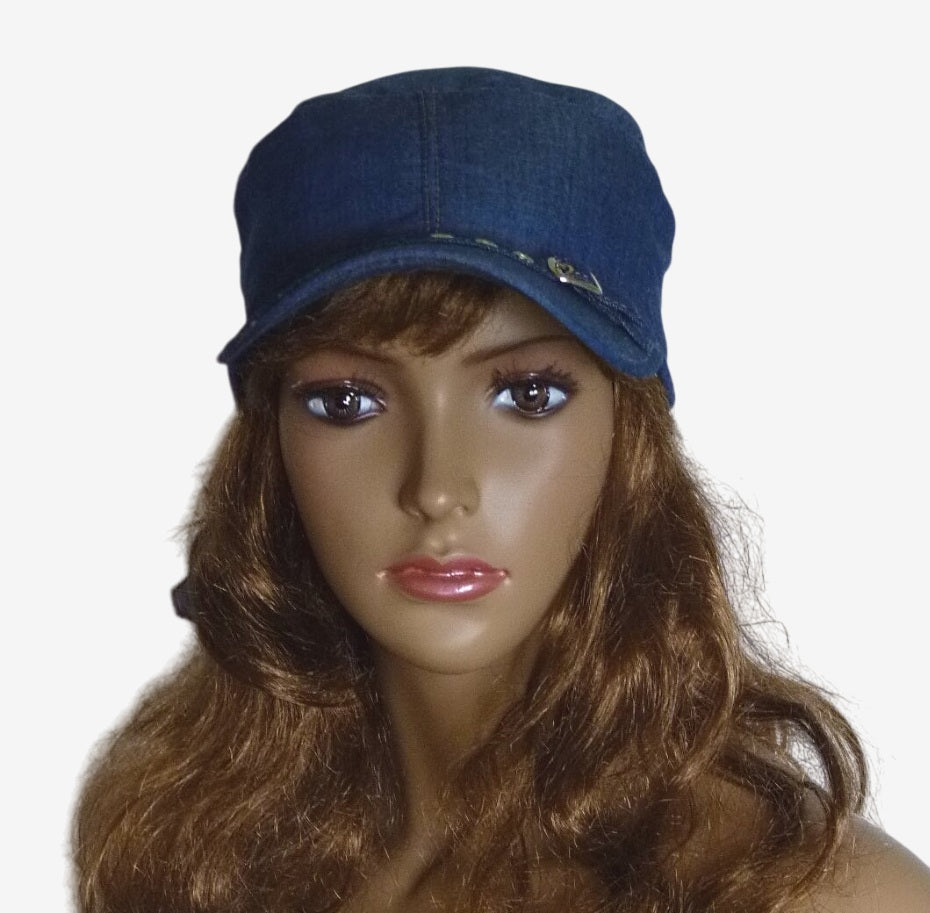 Denim visor bandana for women, pre-tied and stylish, front view
