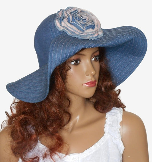 Women Summer Denim Hat Flower Accent