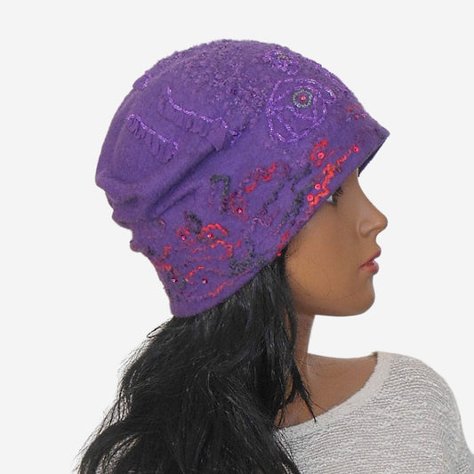 Felted purple beanie hat