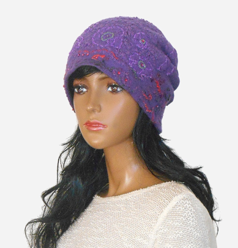 Felted purple beanie hat