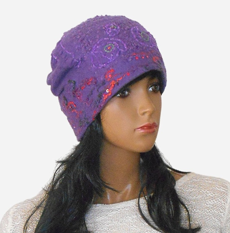 Felted purple beanie hat