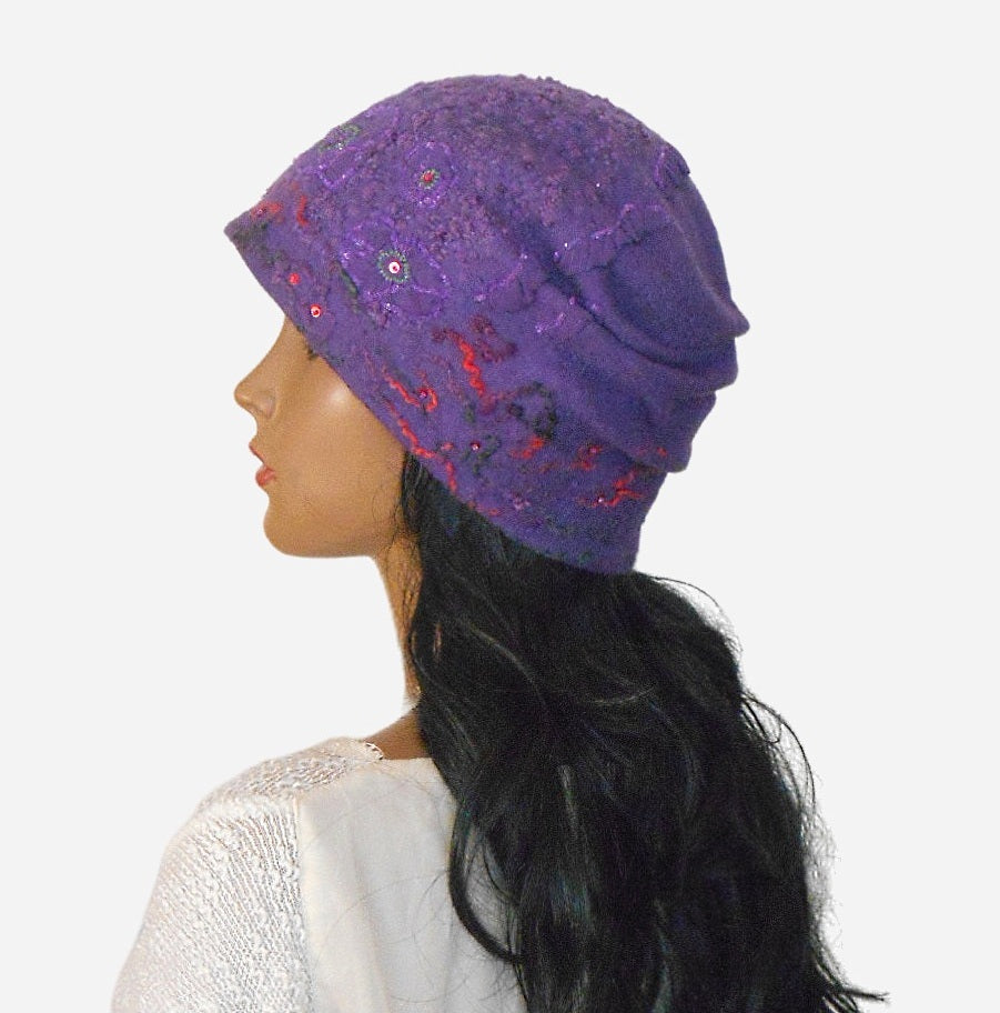 Felted purple beanie hat