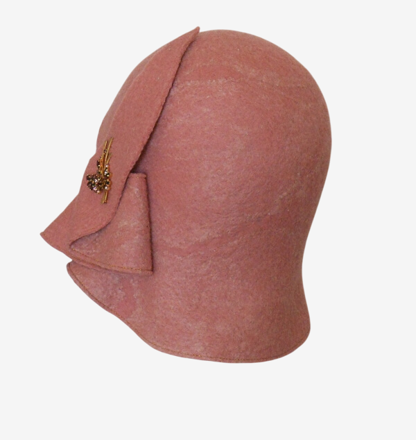 Back view of women’s felted pink hat, showing cozy merino wool material