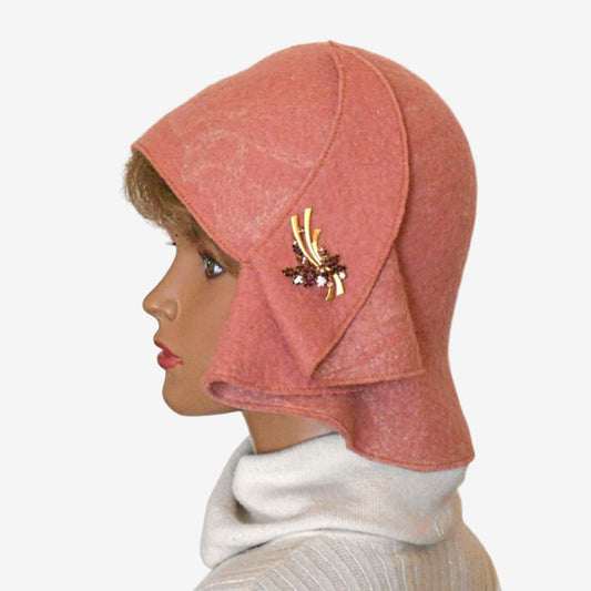 Felted pale pink hat with asymmetrical brim, stylish handmade women’s winter hat