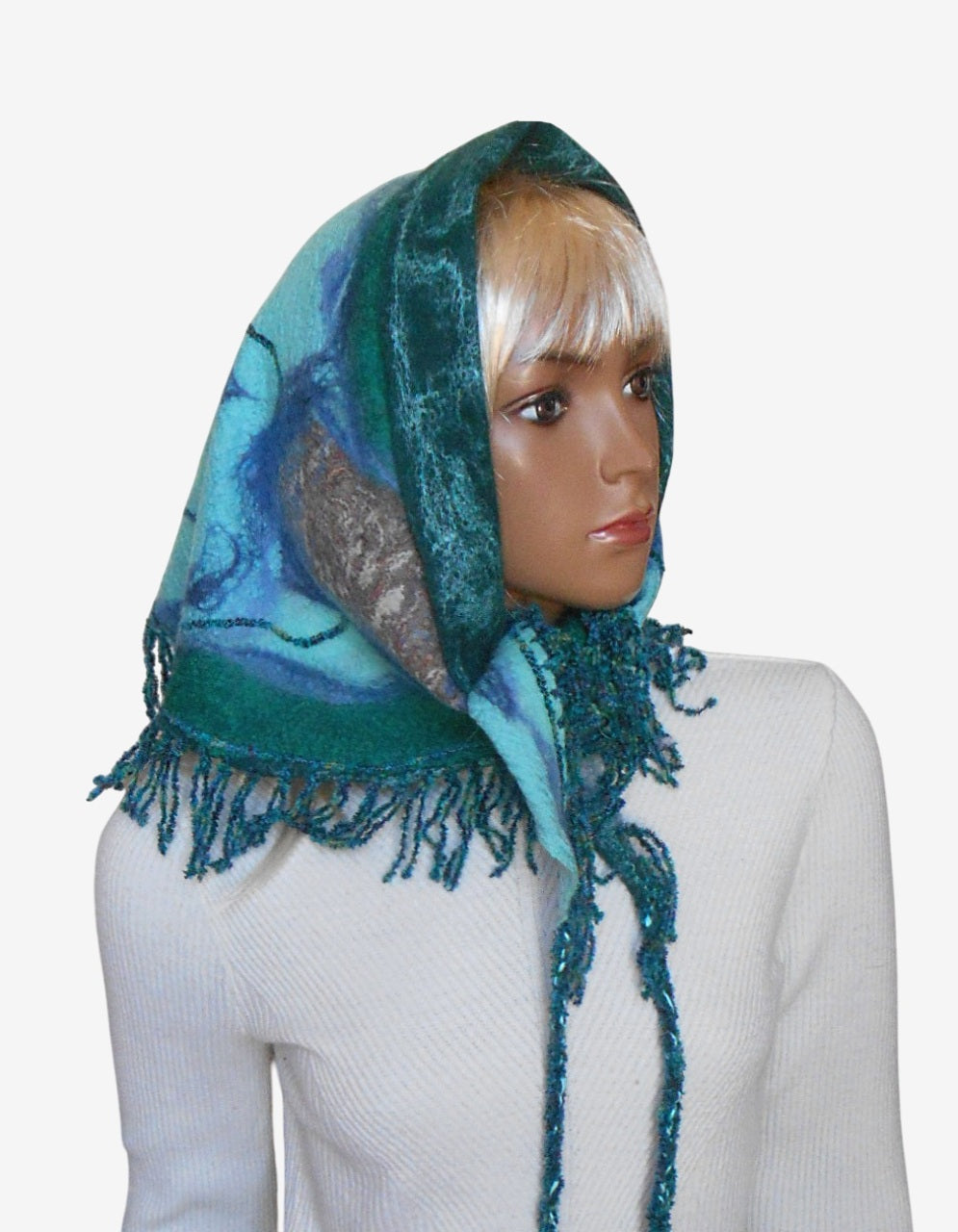 Three-quarter view of nuno felted wool and silk scarf