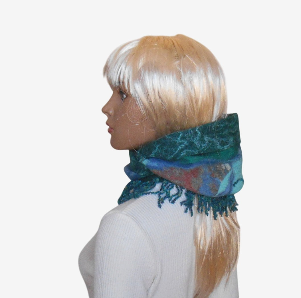 Side view of felted merino wool triangle scarf with silk texture