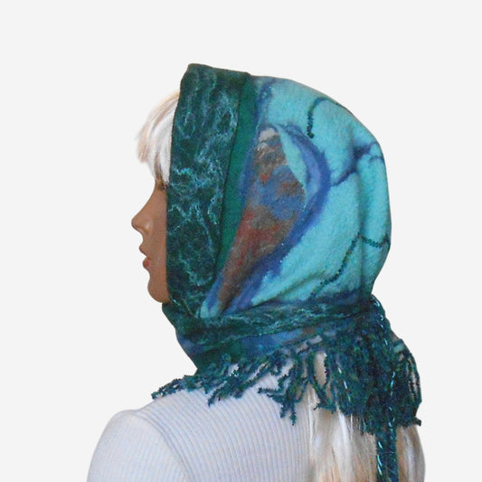Felted turquoise triangle fringe head scarf
