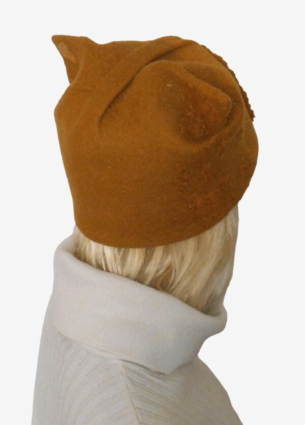 Back view of a yellow felt cat hat with cute cat ears.