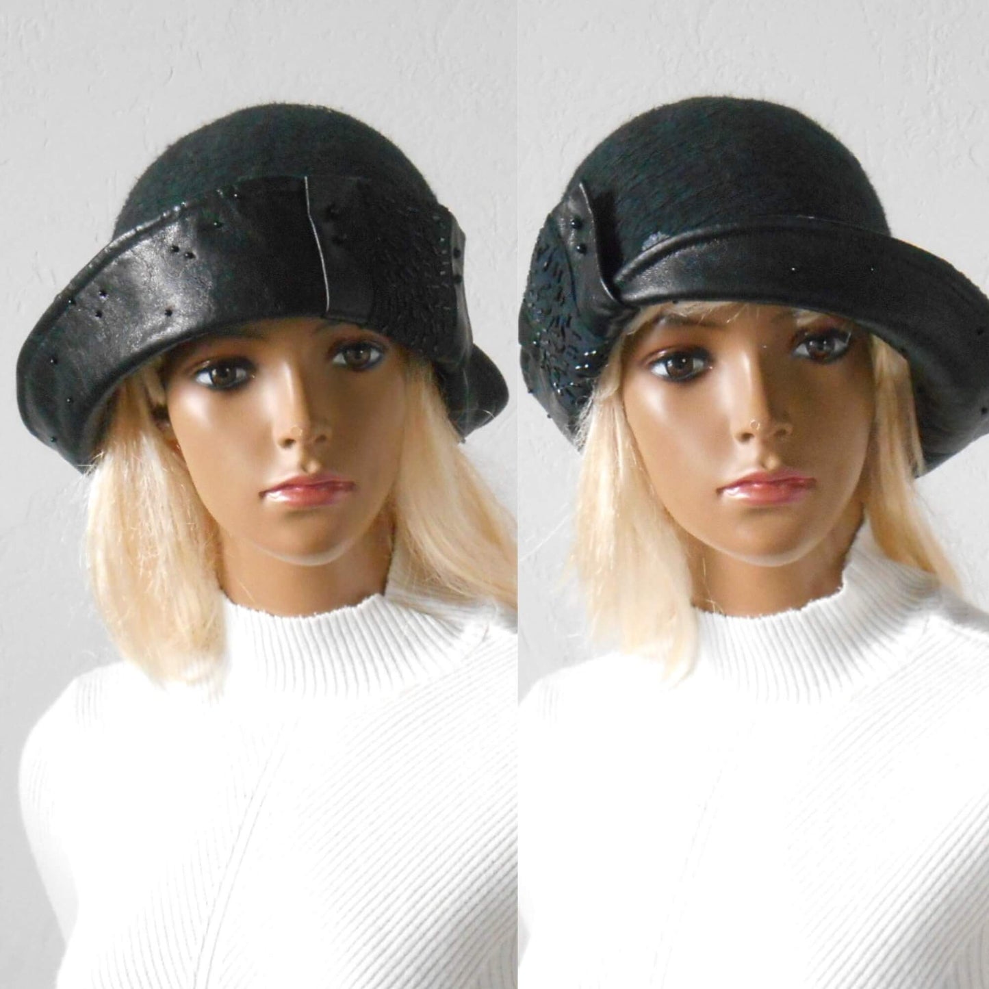 Black felted leather hat for women