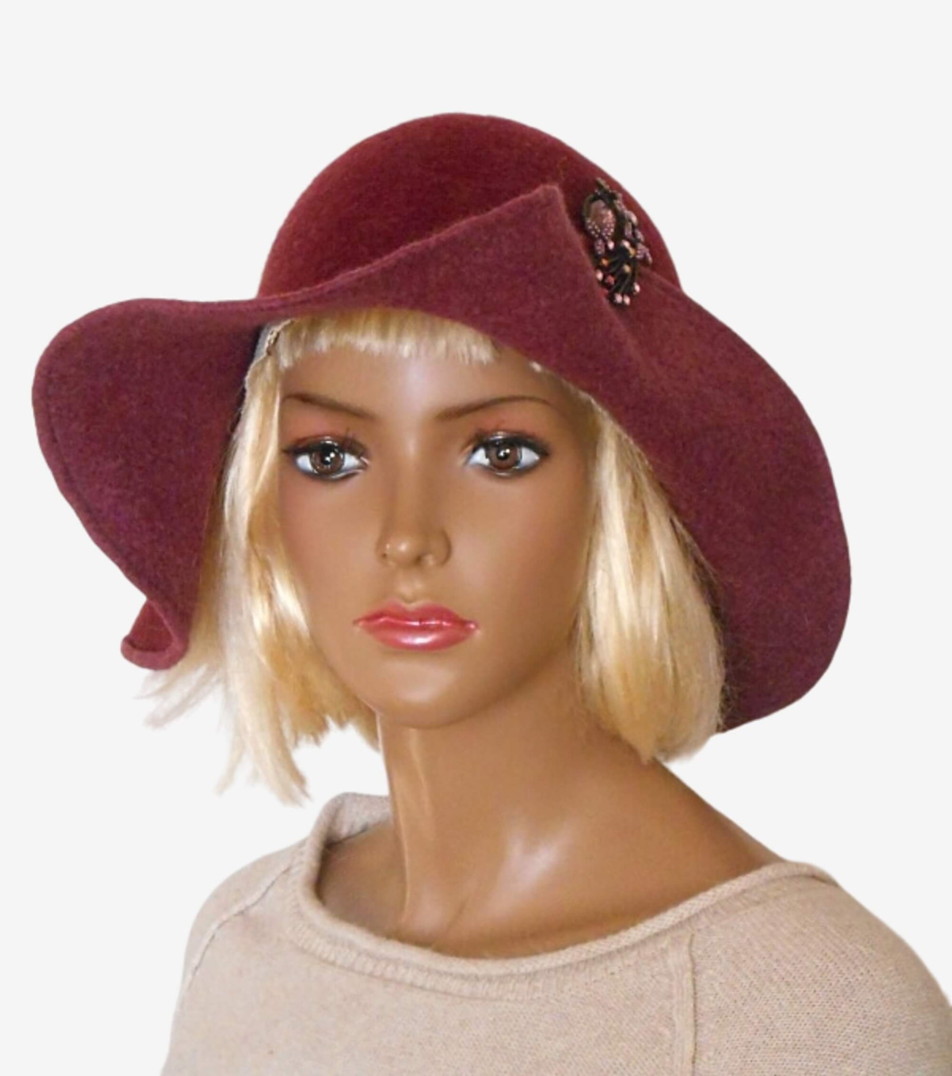 Front view of burgundy felt floppy hat with wide soft brim