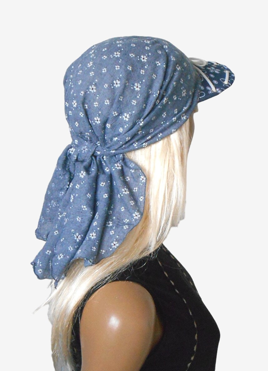 Back view of gray-blue summer bandana with visor and ties