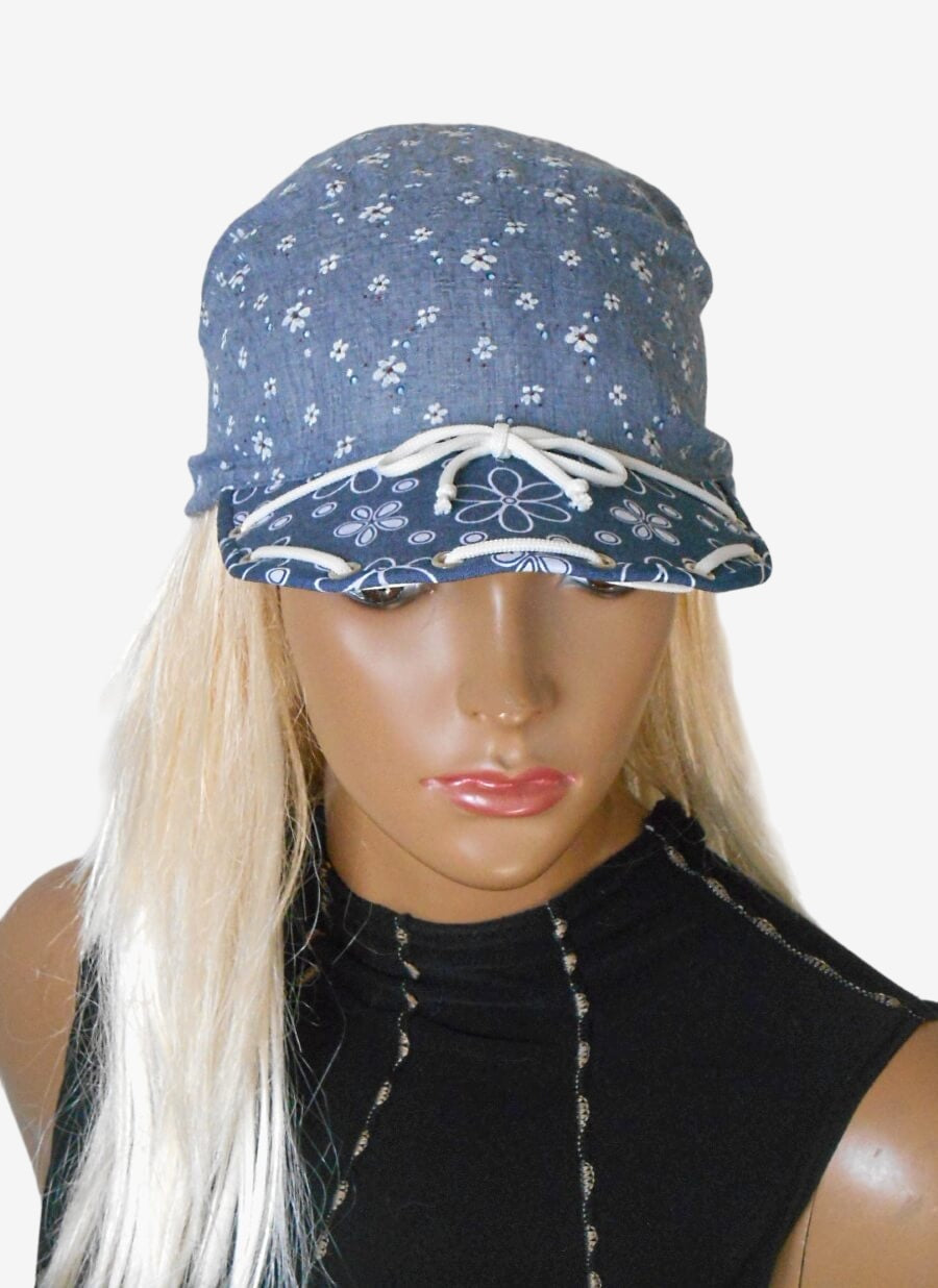 Front view of women’s summer gray-blue bandana with visor and white cord tie