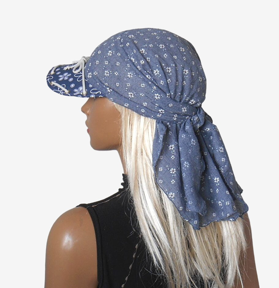 Side view of lightweight patterned gauze bandana hat with visor