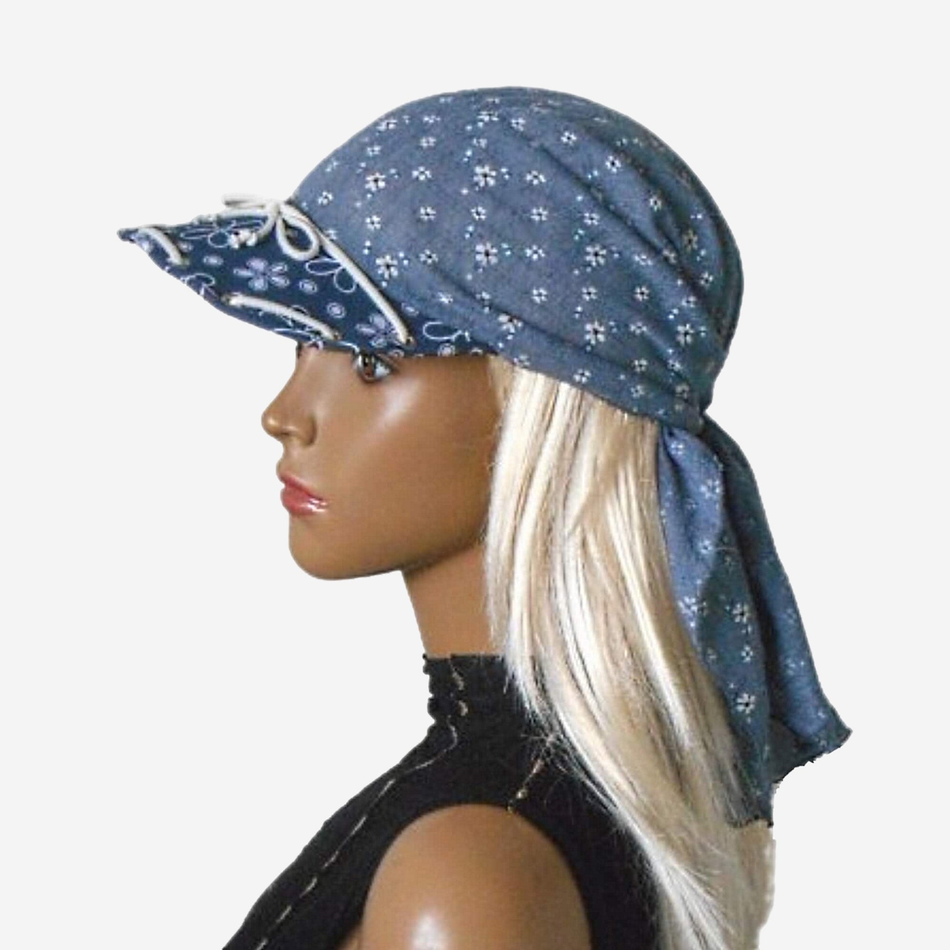 A gray blue patterned bandana with visor