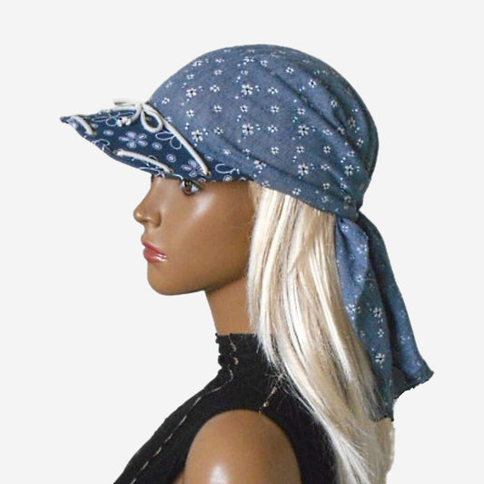 A gray blue patterned bandana with visor
