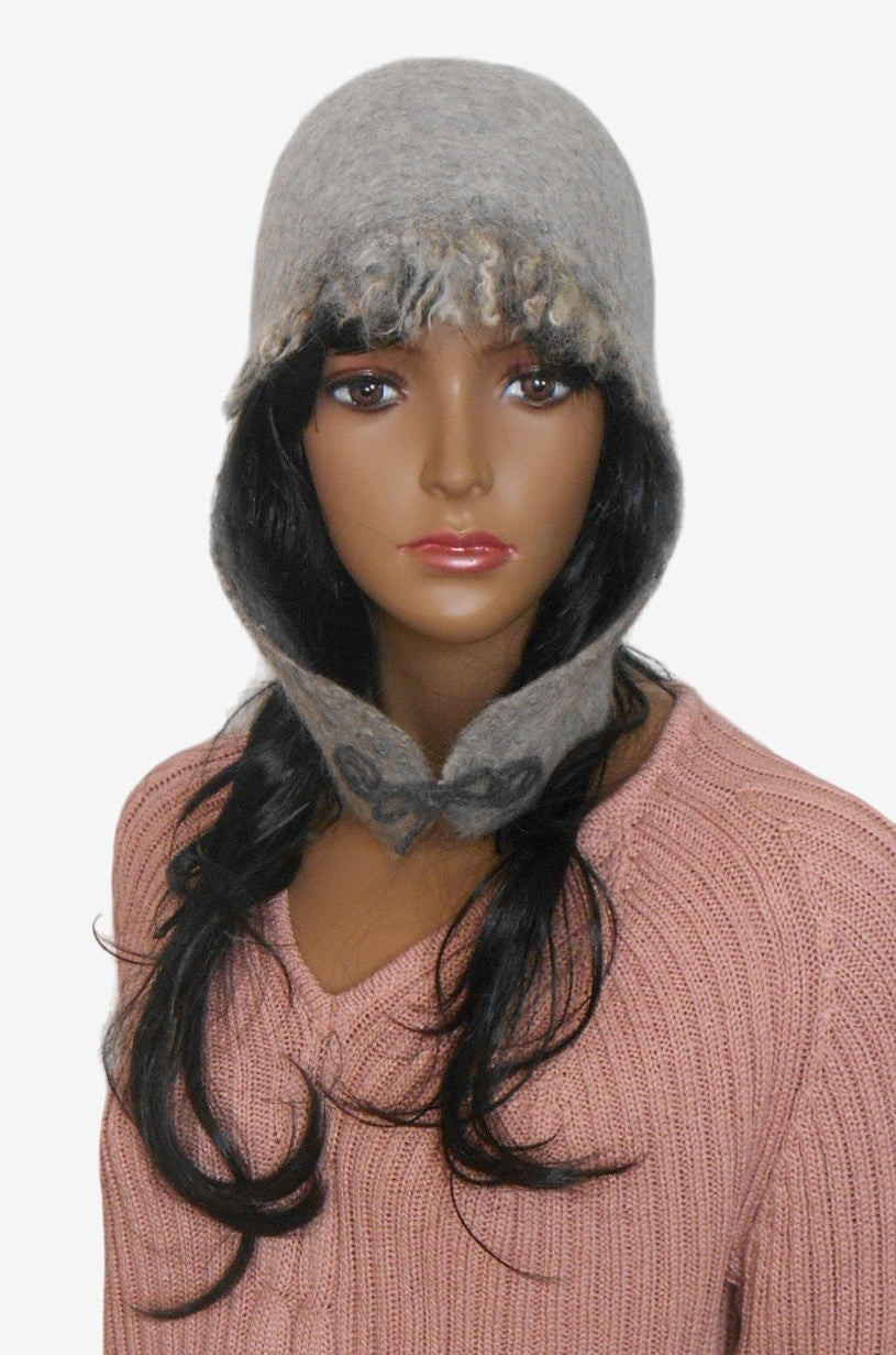 Gray felt trapper hat, front view
