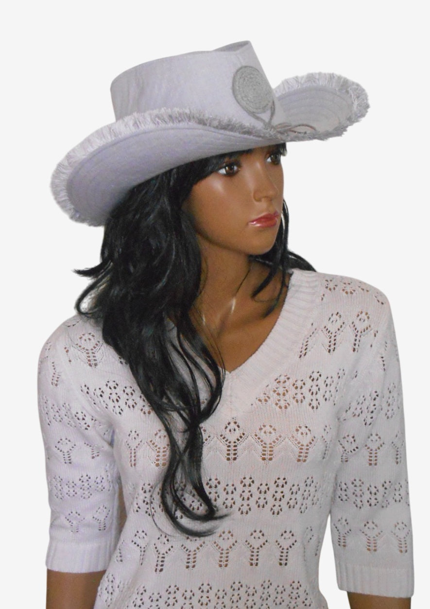 three-quarter view of gray linen cowboy hat 