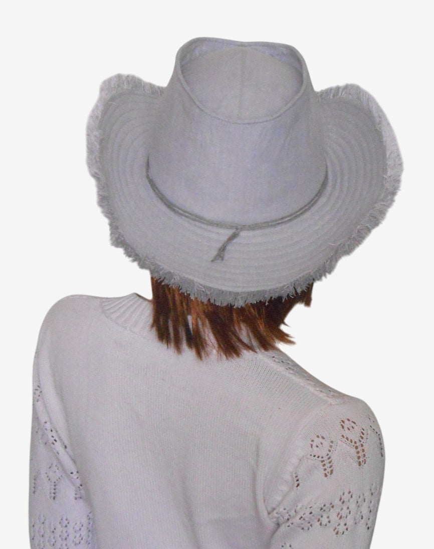 A back view of a gray linen cowboy hat showing the crown and wide brim