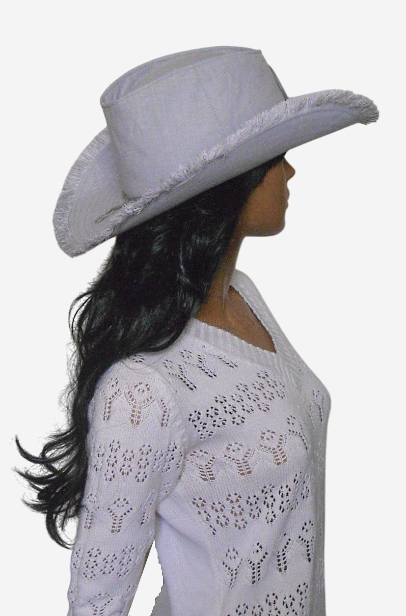 Gray linen wide-brimmed cowboy hat, side view