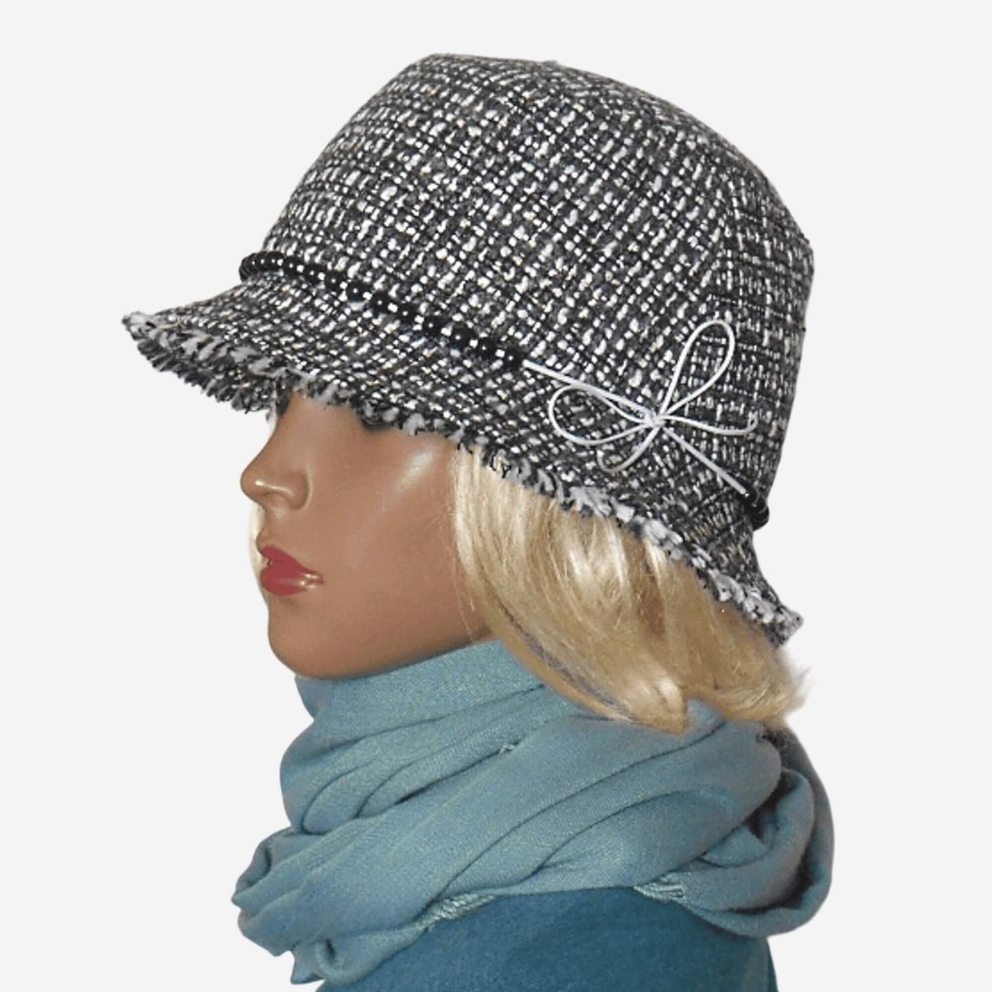 Gray checkered bucket hat with fringe detail