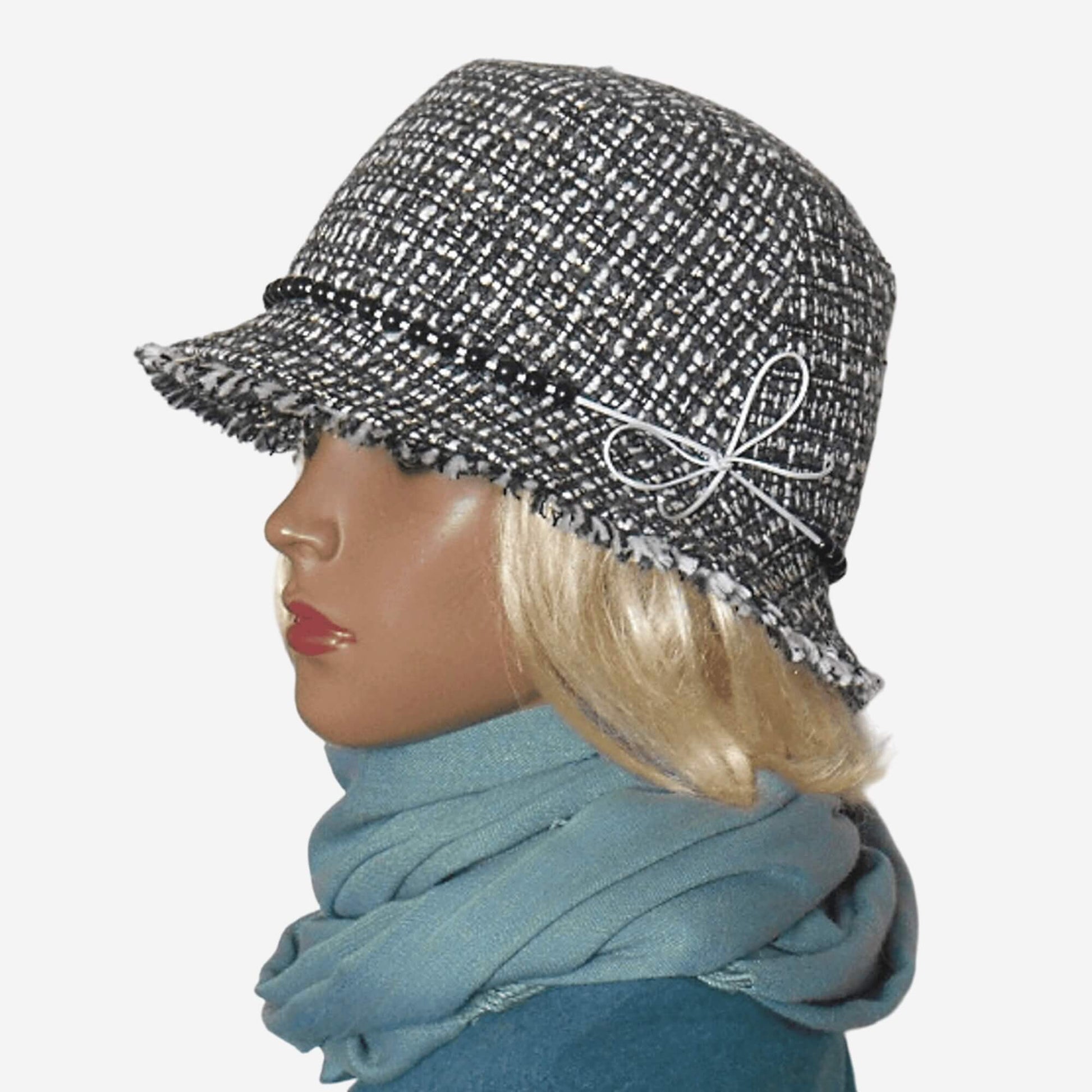 Gray checkered bucket hat with fringe detail