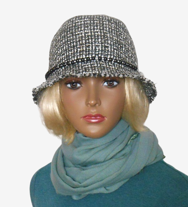 Gray bucket hat with check pattern and fringe detail, front view