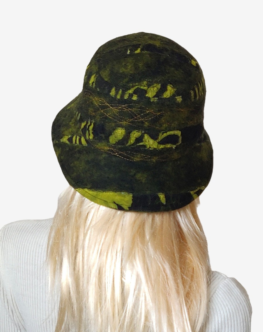 Back view of stylish felted merino wool bucket hat
