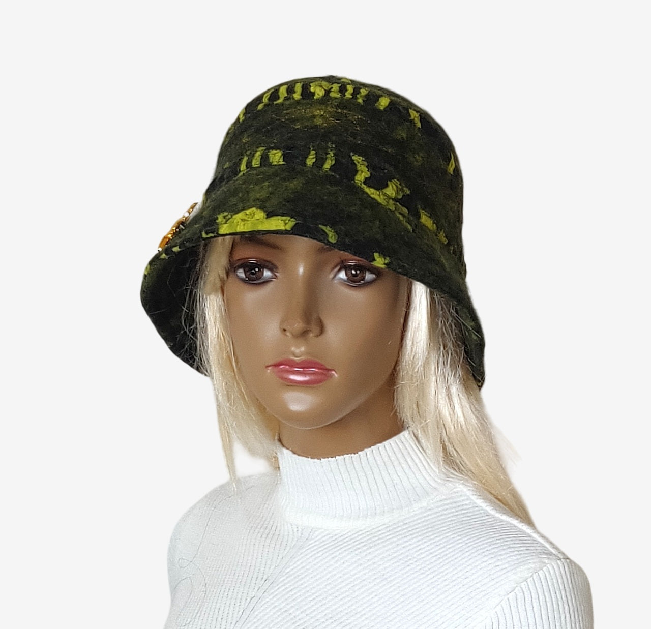 Front view of warm green bucket hat made of felted merino wool with removable brooch