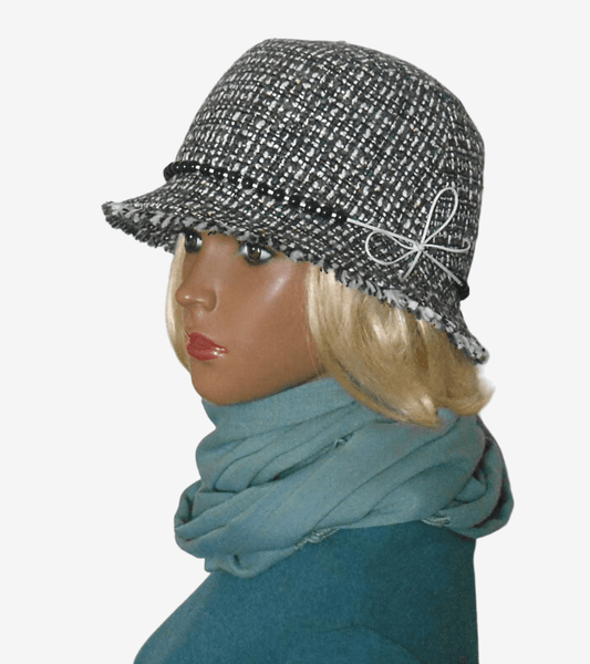 Winter gray checked bucket hat with fringe