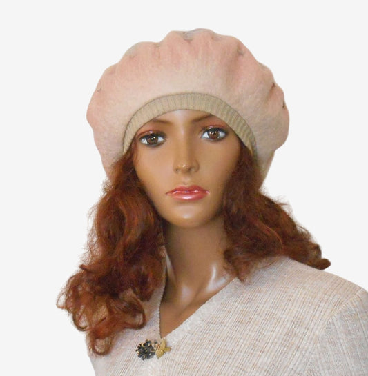 Oversized merino wool beret with decorative cording and silk accents, front view