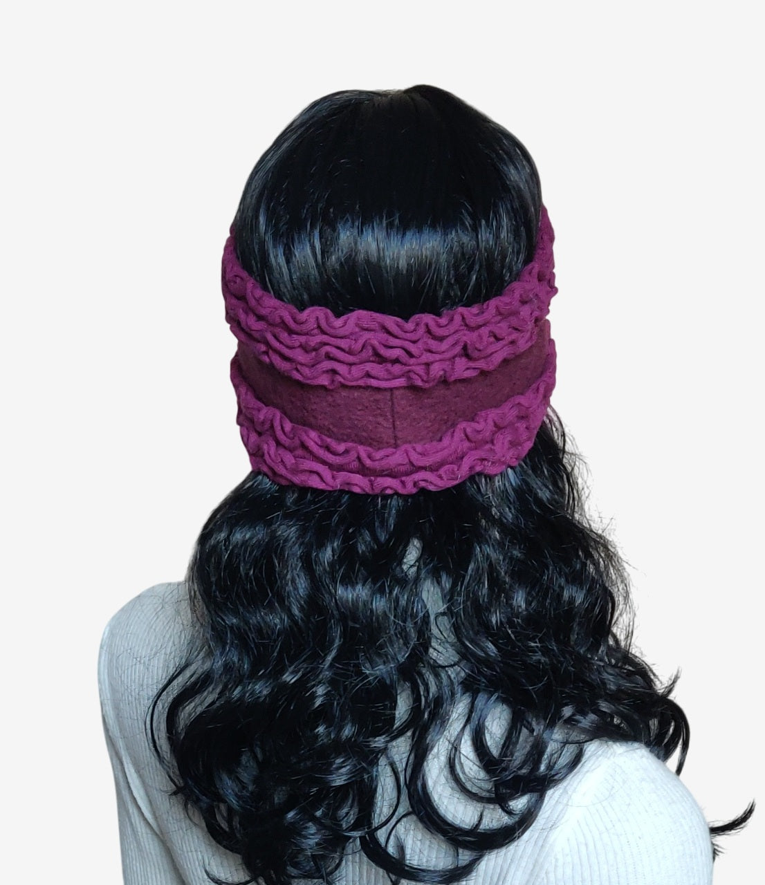 Handmade felt ear warmer in burgundy color with knitted frills, back view