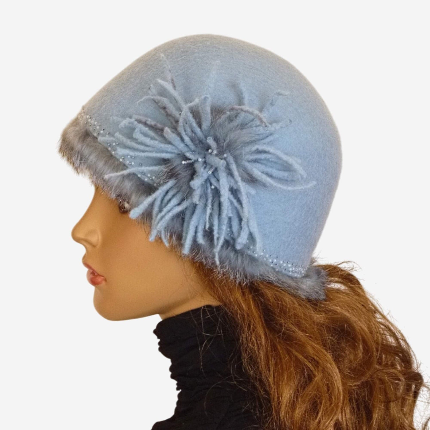 Light blue felted beanie hat with flower and fur trim