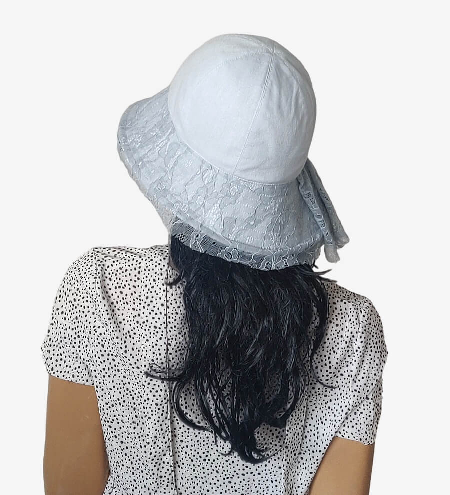 Back view of the summer hat with elegant lace details
