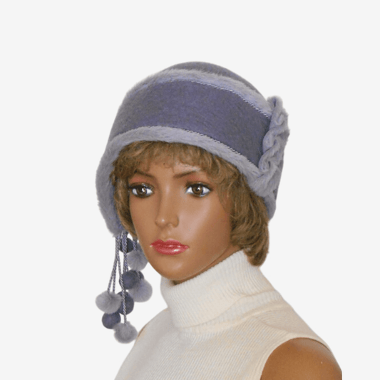 Front view of lilac felted wool hat with pom-poms for women