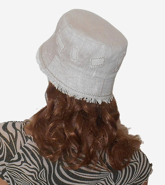 Back view of linen bucket hat, unisex summer hat with fringe, breathable and lightweight.