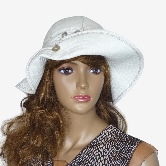 White Linen Hat Mother-of-Pearl Buttons and Beads Trim