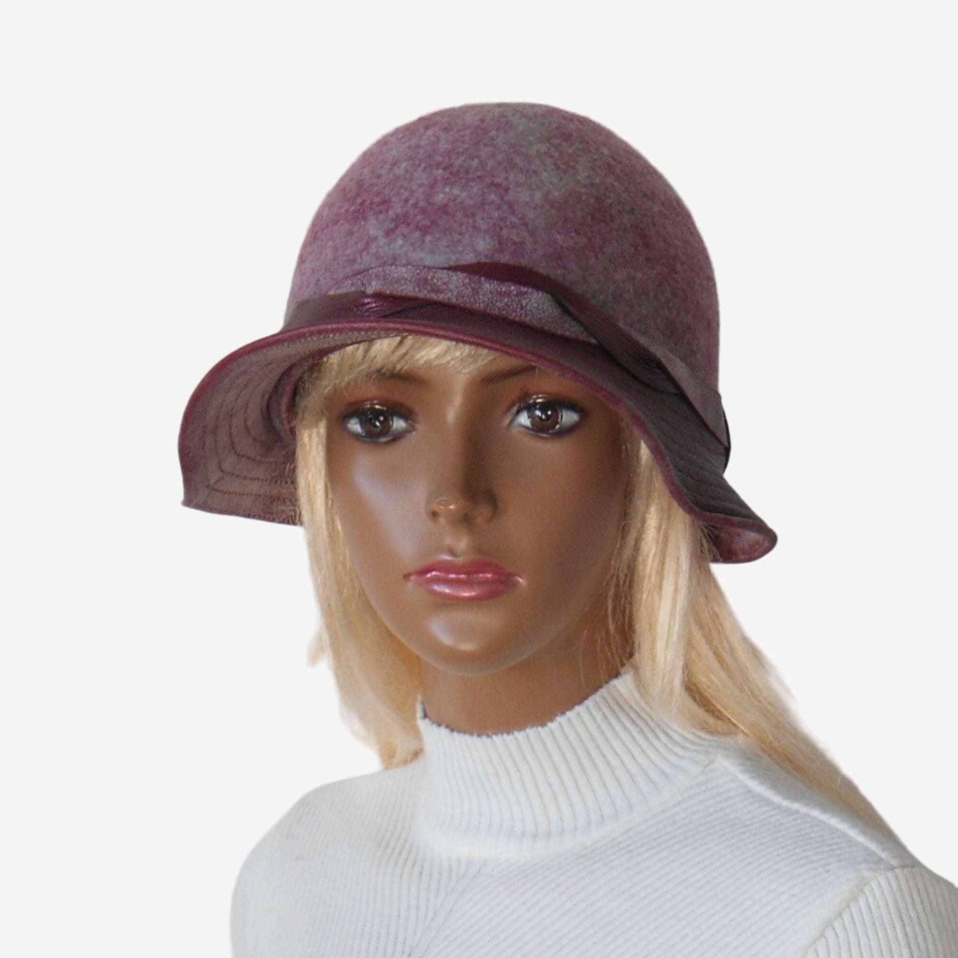 Front view of maroon cloche hat on white background