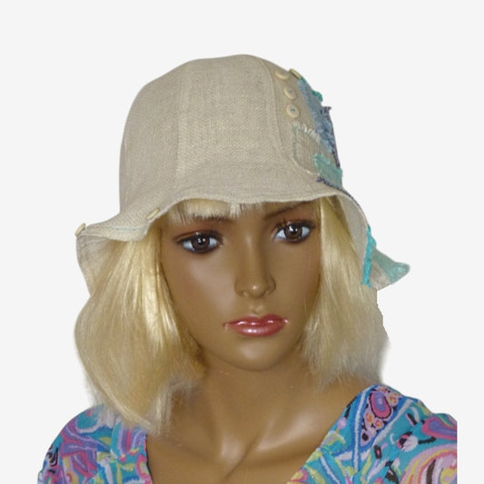 Beige Linen Asymmetrical Brim Hat with Patches Accent