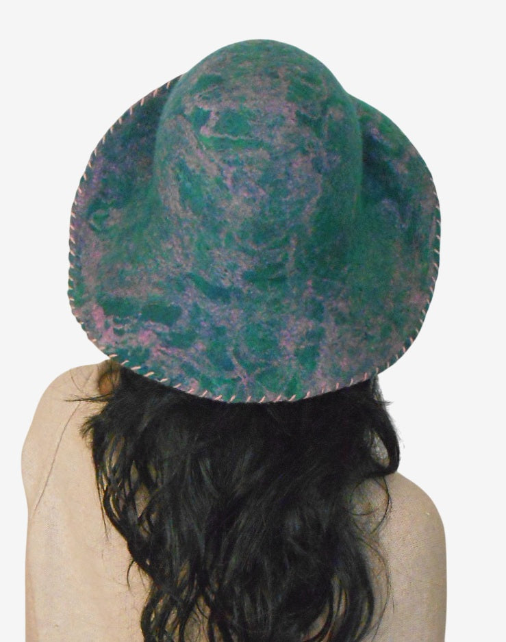 Multicolor green felt floppy hat with wide brim, back view