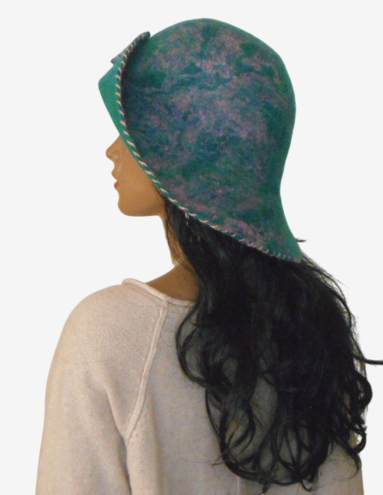 Multicolor green felt floppy hat with wide brim, side view