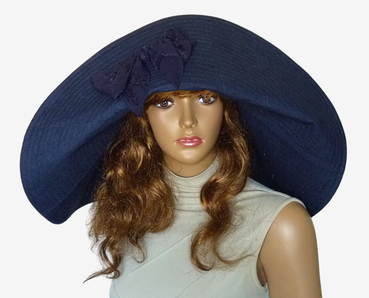 Front view of navy wide-brim linen beach hat for women