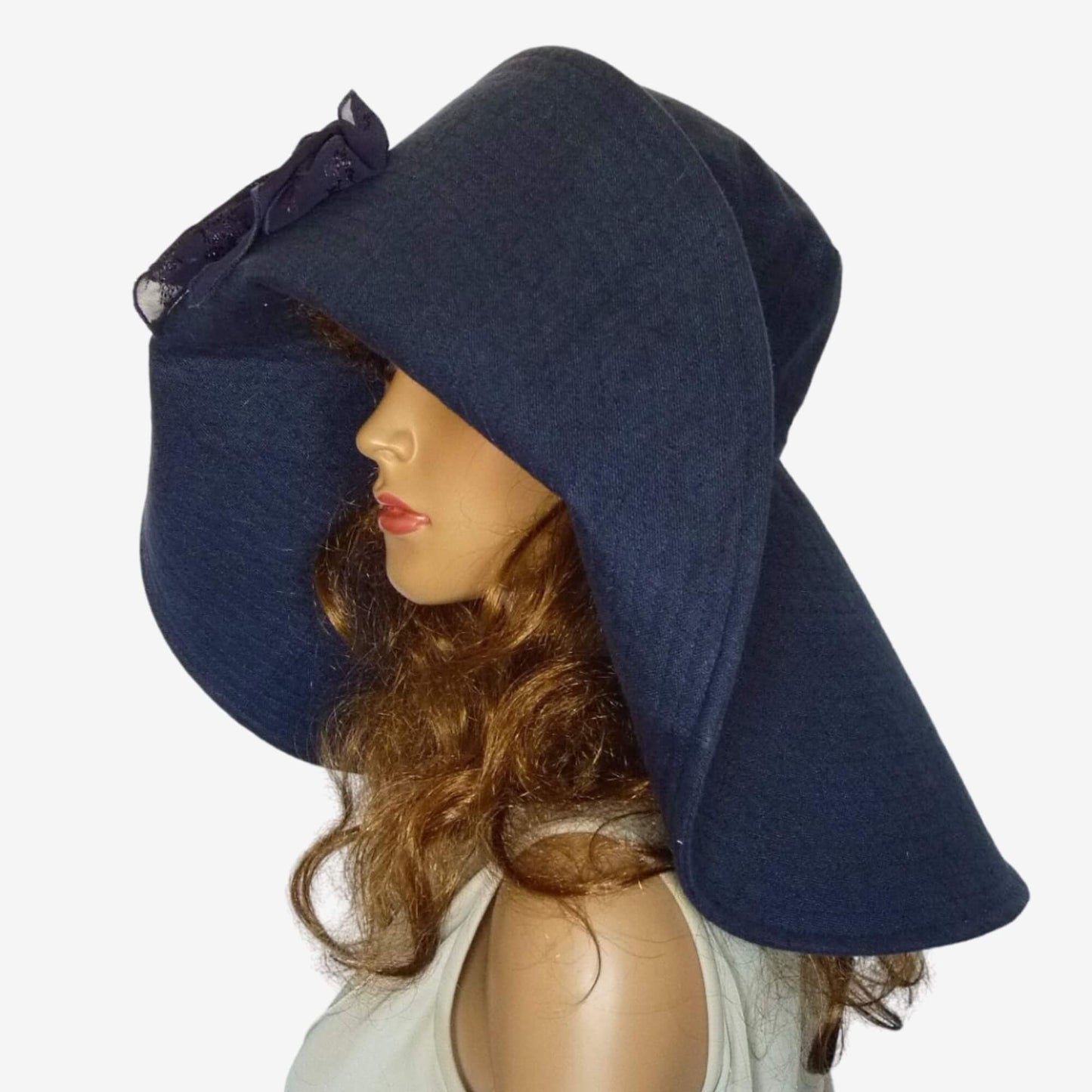 Navy wide-brim linen beach hat for women