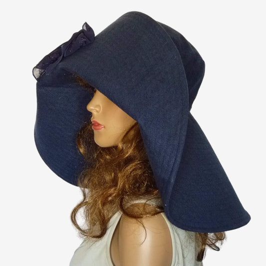 Navy wide-brim linen beach hat for women