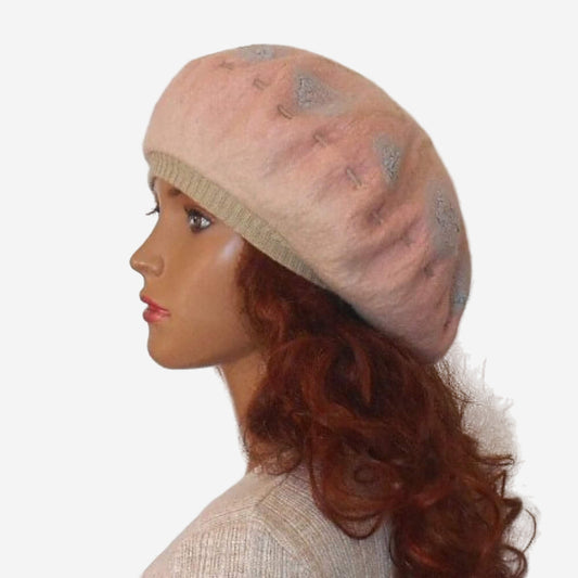 Handcrafted pink and grey felted wool beret for women