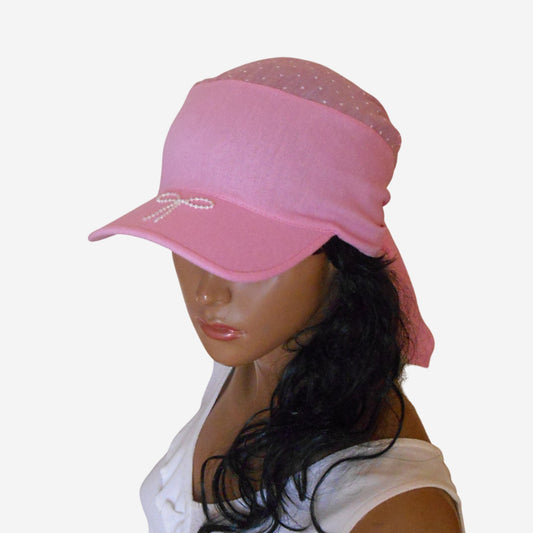 Front view of pink visor bandana with white polka dots for women — lightweight summer headwear